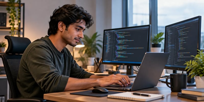 A software developer writes code on a laptop while using two external monitors displaying programming projects.