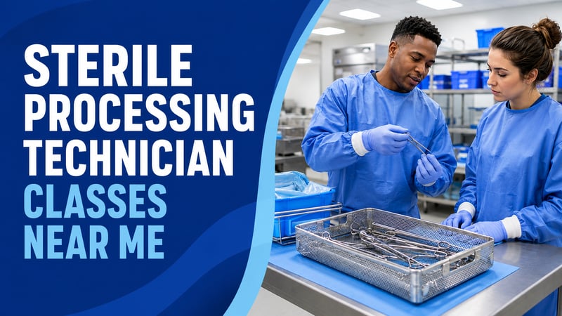 A gowned tech shows a clamp to a trainee over a tray of instruments, with the text Sterile Processing Technician Classes Near Me.