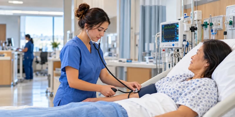 A nursing student in blue scrubs checks a hospitalized patient's blood pressure and listens with a stethoscope at the bedside.