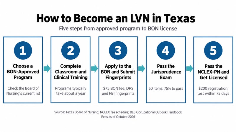 Steps to become an LVN in Texas, from approved program to BON license