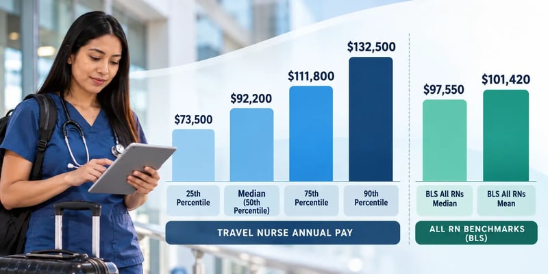 A travel nurse annual pay chart showing $73,500 at the 25th percentile, $92,200 median, $111,800 at the 75th percentile, and $132,500 at the 90th percentile, compared with BLS RN benchmarks.