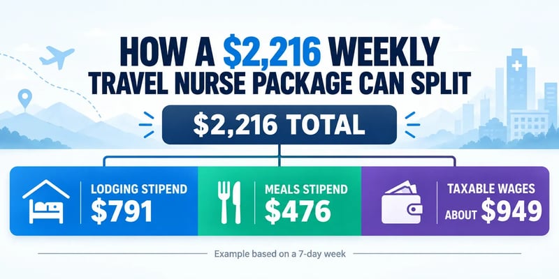 A graphic showing how a $2,216 weekly travel nurse package can split into a $791 lodging stipend, $476 meals stipend, and about $949 in taxable wages.