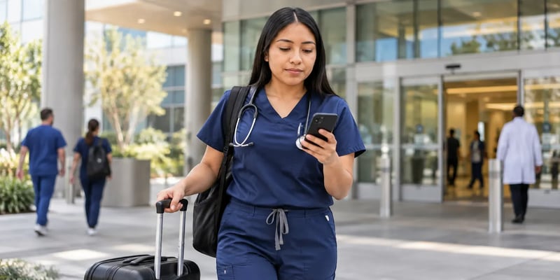 A travel nurse in blue scrubs checks her phone while pulling a suitcase outside a hospital.