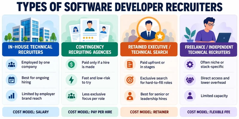A Types of Software Developer Recruiters graphic comparing in-house recruiters, contingency agencies, retained search firms, and freelance technical recruiters by benefits, limitations, and cost model.