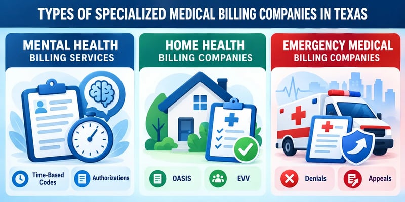 Three panels headed Types of Specialized Medical Billing Companies in Texas: mental health billing with time-based codes and authorizations, home health with OASIS and EVV, and emergency medical with denials and appeals.