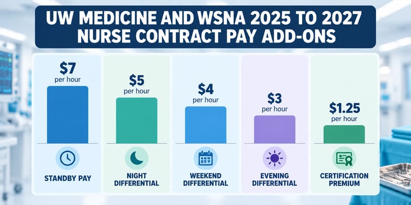 A UW Medicine and WSNA nurse contract pay graphic showing $7 per hour standby pay, $5 night differential, $4 weekend differential, $3 evening differential, and a $1.25 certification premium.