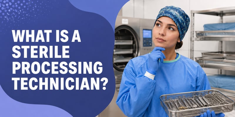 Holding a tray of instruments, a gowned tech looks up thoughtfully by an autoclave, with the text What Is a Sterile Processing Technician?