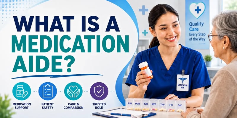 Medication aide in scrubs explaining medicine to an older patient beside bold text reading “What is a Medication Aide?” with healthcare icons for medication support, patient safety, care, and trust.
