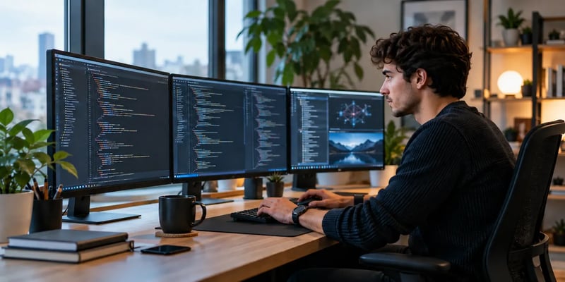 At a three-monitor desk by a window, a man in a dark sweater works through lines of code, a network graph open on the right screen.