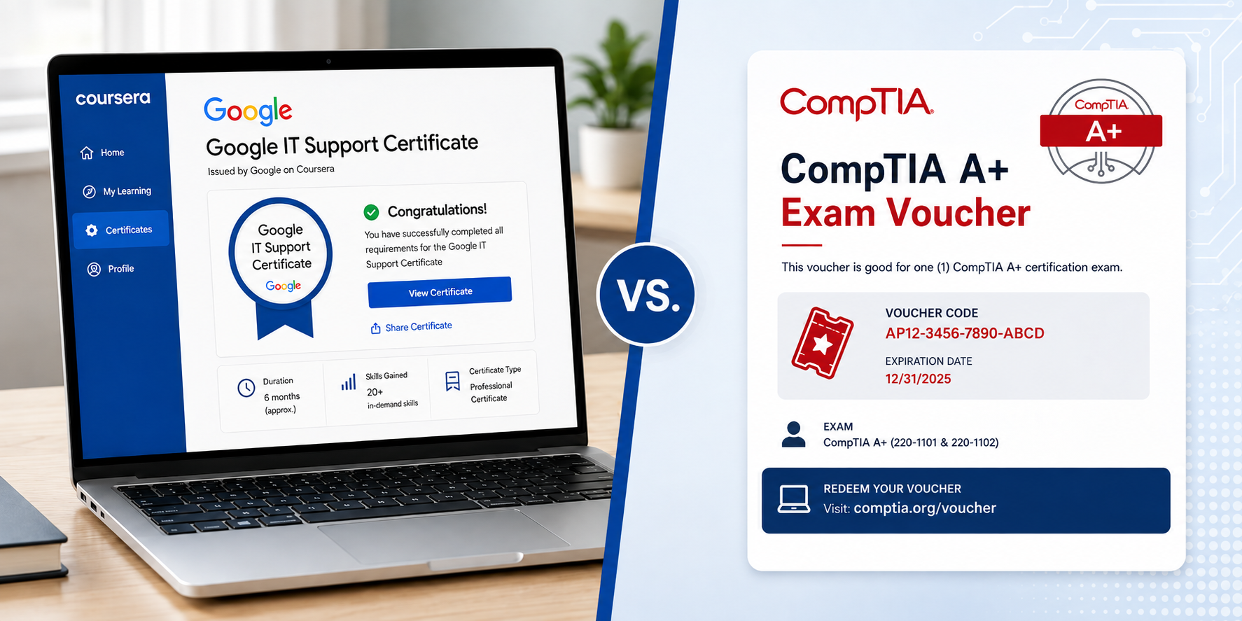 A split comparison, Google IT Support Certificate versus CompTIA A+: a Coursera completion certificate (about 6 months, 20+ skills) against a CompTIA A+ voucher for the certification exam.